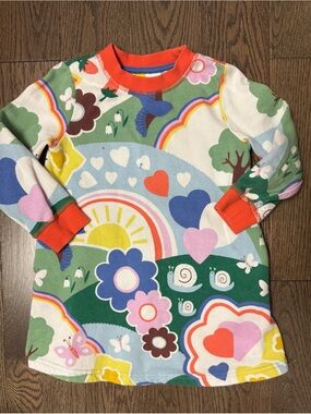 Mini Boden Multicolor Rainbow & Nature Print dress with Orange Trim